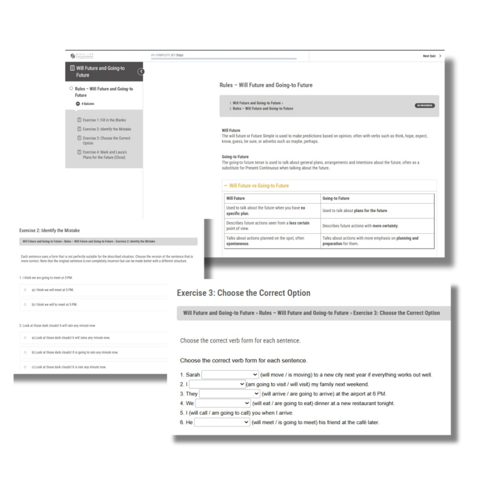 Screenshots of the learning area