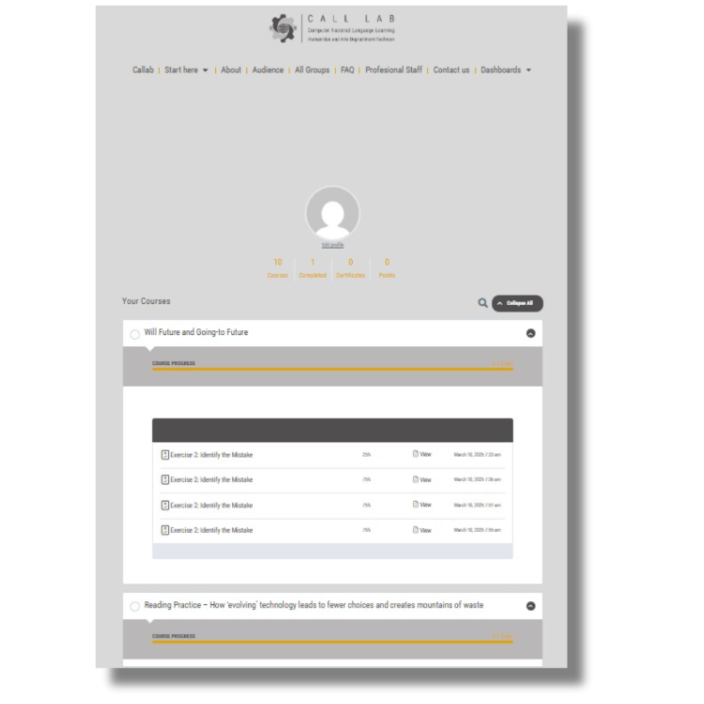 Screenshot of the personal area